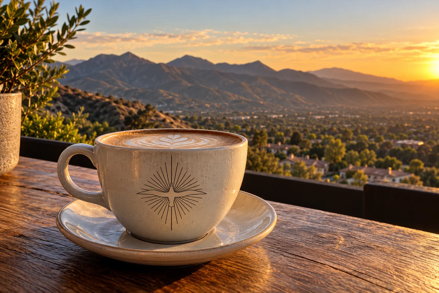 A cappuccino in a seabird cup on a wooden table, hills at sunset beyond